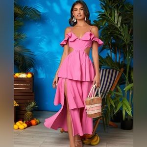 Cut out flared dress layered split thigh